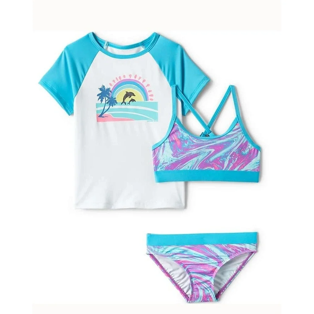 NEW Lands' End Dolphin 3 Piece Bikini Rash-guard Swim Set; Girls Size 4